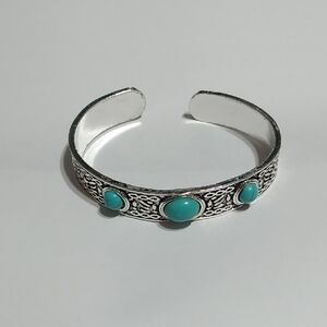 Intricate Silver Colour Bracelet with  3 Turquoise Stone Accents